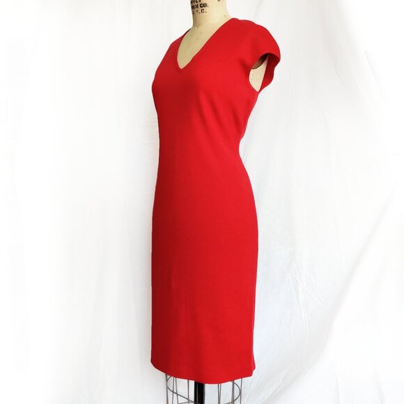 NWOT ST. JOHN Milano Knit Red Wool Cap Sleeve V-neck Sheath Shift Dress 8 M - Picture 4 of 9